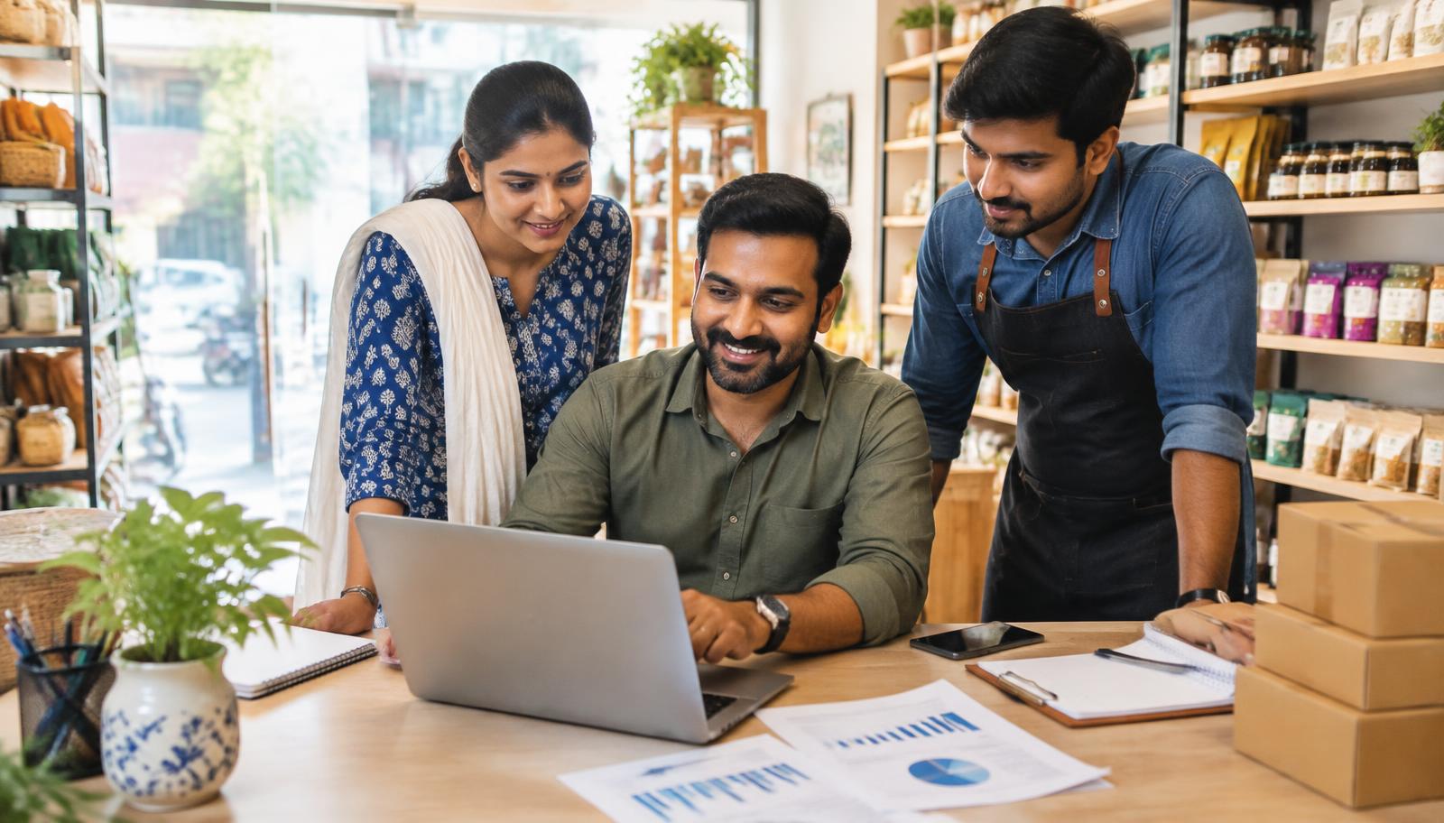 Local business team reviewing growth metrics